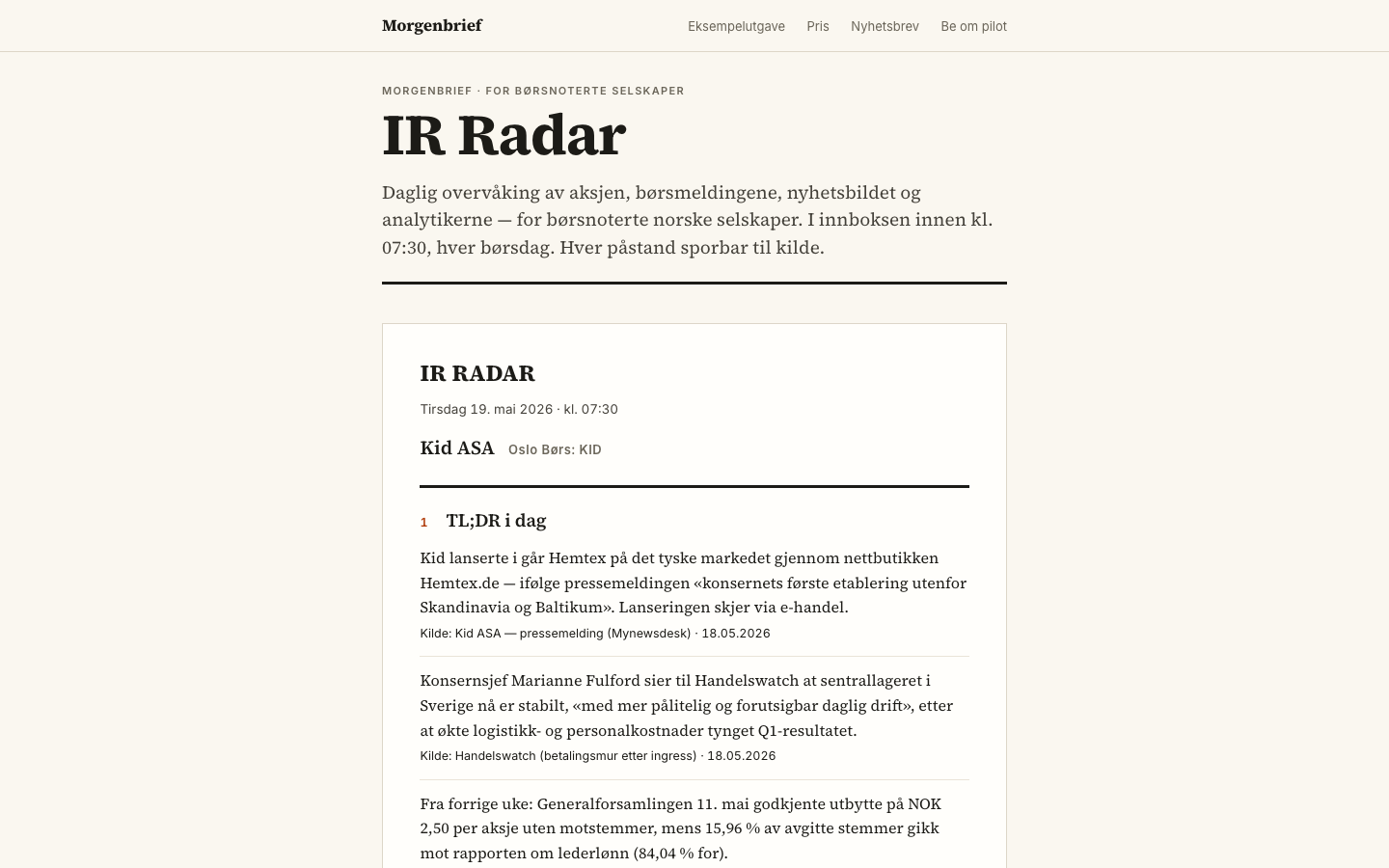Morgenbrief IR Radar showing a source-linked Norwegian market brief.