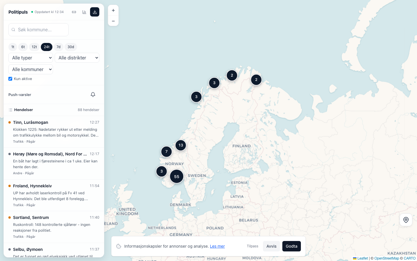 Politipuls map showing recent police incidents across Norway.